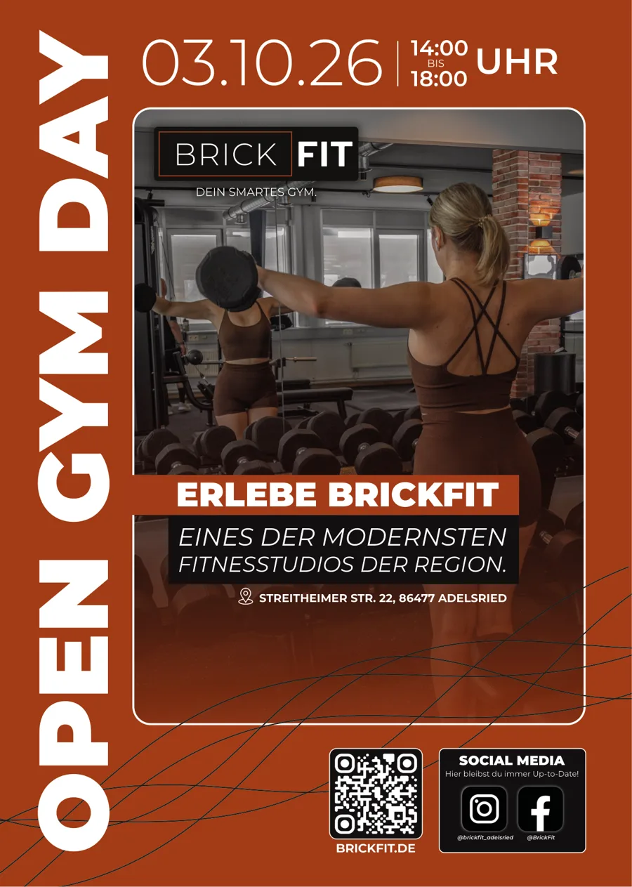 Flyer OPEN GYM DAY am 03.10.2026, 14 bis 18 Uhr, bei BrickFit in Adelsried