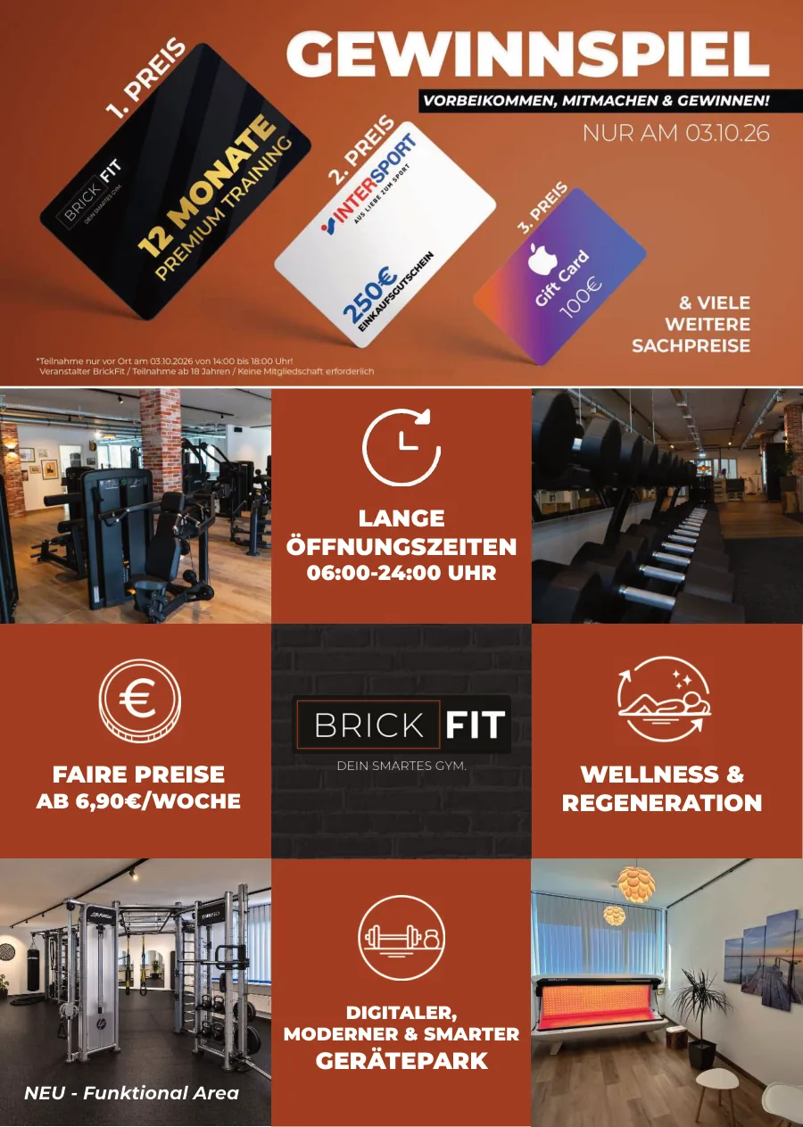 Flyer-Rückseite: Gewinnspiel am 03.10.2026 mit 12 Monaten Premium-Training, 250-Euro-Intersport-Gutschein und 100-Euro-Apple-Gift-Card